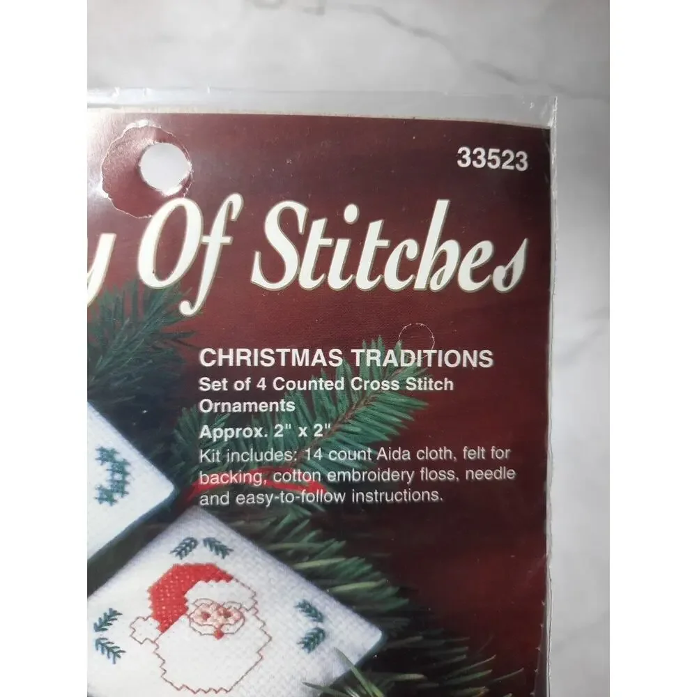 1995 Bucilla Gallery Of Stitches Christmas Traditions Cross Stitch 4 Ornaments